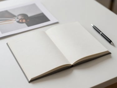 Minimalist mockup of a brand guideline document open on a clean desk, with a pen and a fine art print, soft daylight.