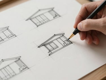 Hands sketching detailed architectural design concepts on tracing paper, studio light, macro shot.