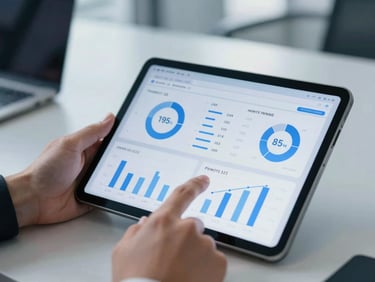 Close-up of hands analyzing a clean digital dashboard on a tablet in a modern sunlit corporate workspace, cool blue and slate tones, sharp focus, professional corporate setting, 35mm