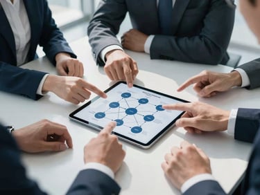 Collaborative team meeting around a large tablet displaying a strategic roadmap, hands pointing to projections, modern sunlit corporate workspace, cool blue and slate tones, sharp focus, professional corporate setting, 35mm