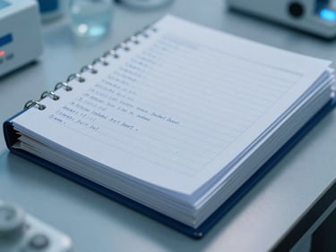 Sleek technical photography of a dusty paper binder with handwritten logs in a sterile lab environment, cool blue shadows, sharp focus, 35mm