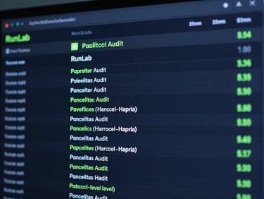 High-resolution screenshot of RunLab dashboard showing cryptographic audit hashes and active protocol-level tracking, neon cyan accents, 35mm