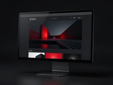 Sleek desktop monitor mockup showcasing an ultra-minimalist dark mode portfolio with architectural imagery, subtle red highlights, glossy reflections