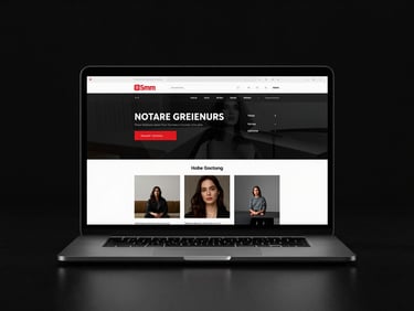 Sleek front-facing laptop mockup showing a minimalist dark mode editorial website, glossy screen with subtle glass reflections, deep black background