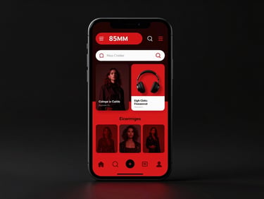 Sleek smartphone mockup displaying a high-contrast dark mode e-commerce storefront with bold red accents, front-facing, glossy screen reflections