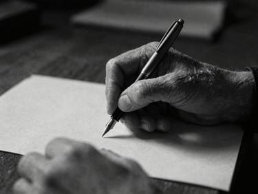 Moody black and white close-up photography of an elderly writer's hands holding a vintage fountain pen over textured paper, soft atmospheric shadows, 35mm film grain.