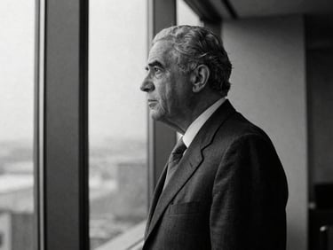 Moody black and white portrait photography of a thoughtful political leader looking out of a high-rise office window, dramatic side-lighting, 35mm film grain.