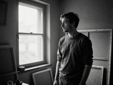 Moody black and white photography of a visual artist in a rustic studio surrounded by canvases, dramatic side-lighting from a dusty window, 35mm film grain.