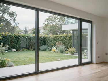 A modern residential home interior flooded with natural light through clean glass windows, looking out to a green garden, Scandinavian design.