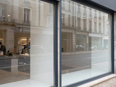 Before and after split screen of a dusty shop window in Rouen, left side dirty with water spots, right side perfectly clean and transparent, reflecting a clean street, bright natural daylight