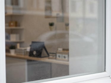 Close-up of a dusty shop window with water spots and streaks blocking the light, dull atmosphere