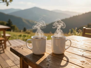 A wooden deck overlooking mountains at golden hour, two mugs of steaming coffee on a rustic table, soft warm lighting, cozy outdoor lifestyle
