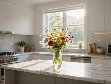 Clean modern kitchen interior with marble countertops, high-end appliances, warm morning sun streaming through a window, fresh wildflowers in a vase
