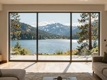 Bright modern living room with floor-to-ceiling windows showing a pine-fringed Idaho lake, warm natural daylight, sun-drenched wood floors, minimalist mountain aesthetic