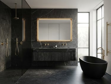 Straight-on architectural elevation of a luxury master bathroom, flawless tile joints, brushed gold fixtures against dark stone, soft natural lighting.