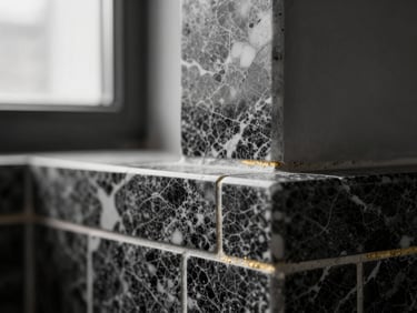 Macro shot of a sub-millimeter mitered tile corner, crisp grout lines, high-contrast black and white stone, natural window light.