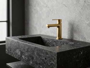 Close-up of a monolithic floating stone vanity, brushed gold faucet, high-contrast charcoal and alabaster background, soft natural side light