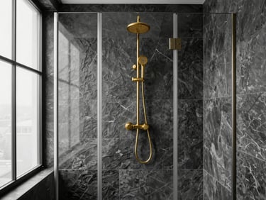 Straight-on architectural elevation of a luxury zero-threshold shower, seamless glass enclosure, dark slate tiles, brushed gold shower head, 35mm