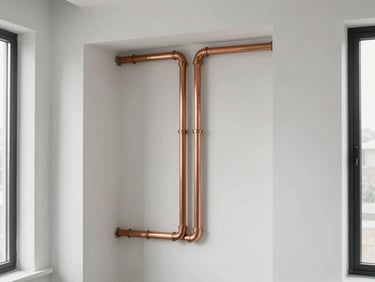 Immaculate residential utility installation, clean copper plumbing lines and structured electrical routing behind a freshly prepared drywall frame.