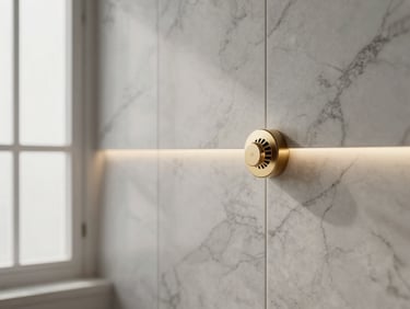 Close-up of a zero-threshold shower drain, perfectly aligned marble tiles, soft warm LED lighting, architectural detail.