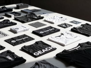 Crisp studio shot of high-quality custom corporate merchandise, including branded apparel and packaging, illuminated by dramatic side lighting