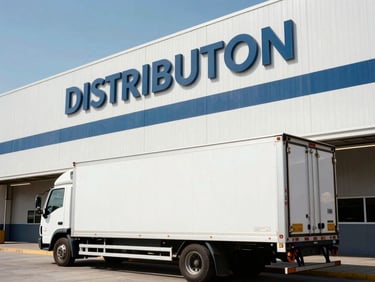 Low-angle wide shot of a newly wrapped logistics truck parked next to a distribution center with matching architectural signage