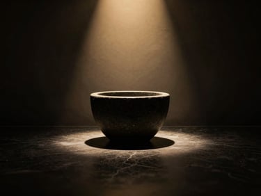 Minimalist dark stone vessel on a polished black surface with a single golden light beam, low-key editorial.