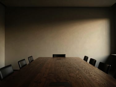 Low-key dramatic boardroom interior with a long dark wooden table and minimalist architectural lines, side-lit.