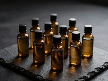 A low-key editorial shot of premium amber glass apothecary bottles arranged on a dark slate surface, dramatic side-lighting reflecting gold tones, deep shadows, cinematic and minimal.