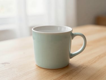 Close-up of a clean, minimalist ceramic mug on a light wooden table, with soft morning light, warm editorial photography, soft diffused window light, muted mint and beige tones, shallow depth of field, 35mm