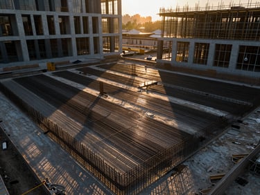 Drone shot of a modern building foundation construction site, heavy steel rebar mesh laid out precisely, golden-hour light casting long shadows.