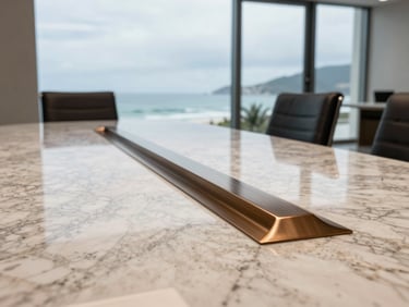 Close-up of a luxury corporate meeting room with travertine marble table, brushed bronze details, looking out to the Balneário Camboriú ocean through large glass windows, overcast soft light