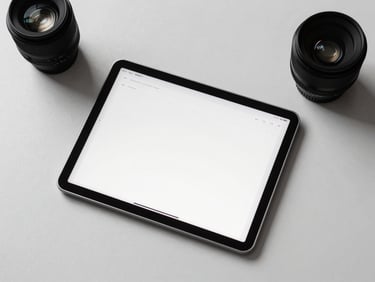 Overhead desk study with a pristine digital tablet displaying clean PDF layouts, cool diffused daylight, monochrome tones, 35mm lens
