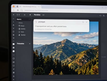 Close-up of a desktop browser window showing an AI image generation interface, a prompt input field with a generated photorealistic landscape visible on screen, high-contrast studio lighting, tight UI crop