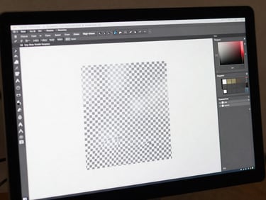 Tight crop of a monitor screen showing a background removal tool interface, a product photo with its white background cleanly stripped away revealing a transparent checkerboard, crisp daylight on screen, high-contrast