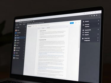 Full-width desktop browser showing a PDF tools dashboard with a document open, merge and compress controls visible in a dark sidebar, high-contrast monitor under directional studio lighting, tight UI crop