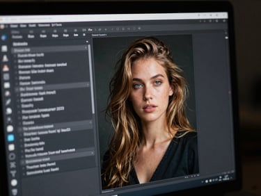 Close-up crop of an AI image generation interface panel on a dark monitor, prompt input field visible, a generated graphic appearing on screen, high-contrast studio lighting