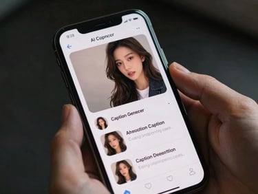 Close-up of a mobile screen showing an AI caption generator interface with a social media post and three caption variants listed below the image, hands holding the phone, high-contrast studio lighting