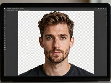 Tight crop of a background removal tool result on a dark UI — subject cleanly isolated, transparent checkerboard visible behind it on a monitor screen, crisp daylight lighting