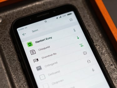 Close-up of a rugged Android device displaying a file manager app interface, harsh industrial lighting, desaturated metallic tones with safety orange accents, flat-lay technical arrangement.