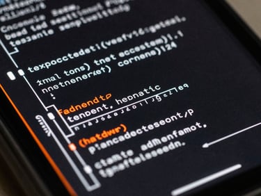 Macro shot of network diagnostic interface on an Android device, blueprint schematics overlay, stark lighting, monospaced font, flat-lay technical arrangement.