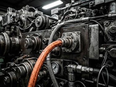 Extreme close-up, high-contrast, desaturated metallic industrial diagnostic equipment with a single safety orange cable, harsh fluorescent lighting, macro lens.