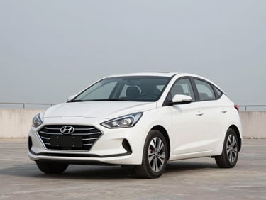 Front three-quarter view of a white Hyundai HB20 sedan parked on a clean daylight lot, overcast sky, sharp detail, clean background