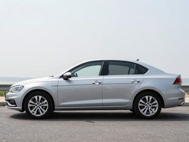 Side profile of a silver Volkswagen Polo sedan on a clean asphalt lot, bright overcast daylight, no distractions in background
