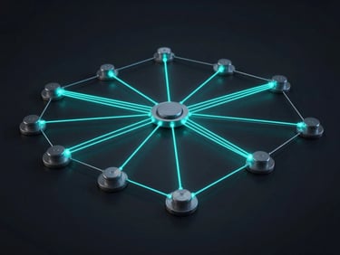A wide, structured technical diagram of a multi-agent routing system on a dark screen, glowing cyan connection lines, clean minimalist UI, low-key lighting.