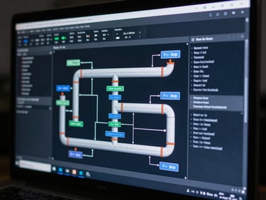 High-fidelity database integration screen displaying automated data pipelines, cool-toned dark navy environment, sharp screen-glow.