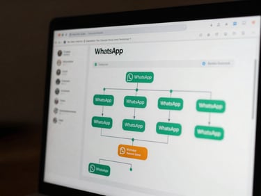 WhatsApp chatbot dashboard showing complex automation workflow graphics, deep shadows, crisp typography.