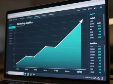 Modern digital marketing analytics dashboard showing steep upward business growth metrics, cyan accents, low-key lighting.