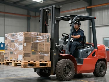 A red warehouse forklift lifting a heavy pallet of goods, clean industrial setting, operator wearing safety glasses and helmet.