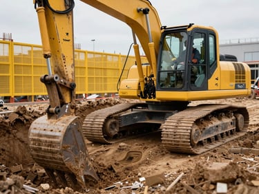 A mini-excavator digging a shallow trench on a construction site, yellow safety cage visible, operator in full PPE, sharp technical framing